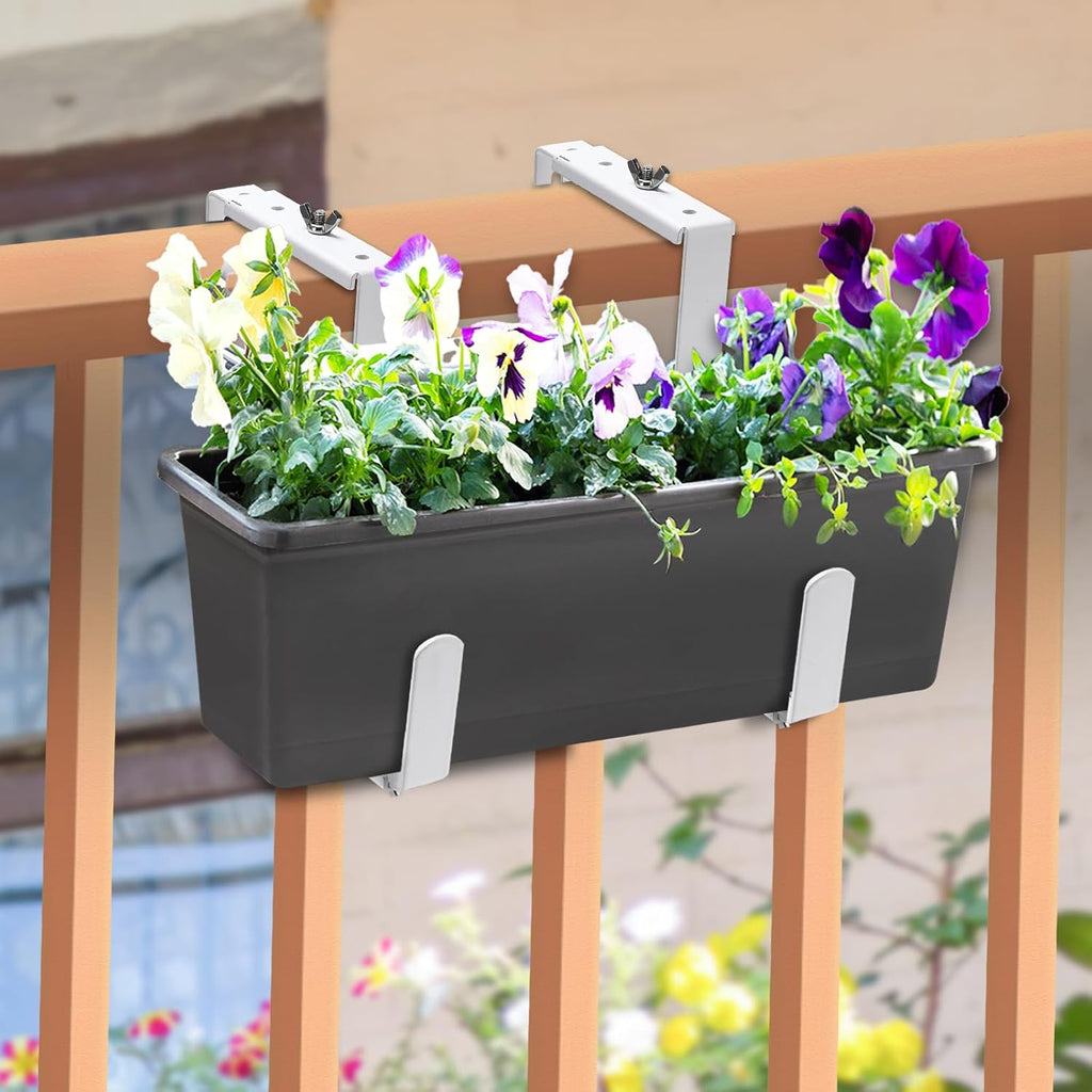 Adjustable Planter Box Bracket, Flower Box Holder Brackets for Deck Railing | White Window Box Hanging Brackets for