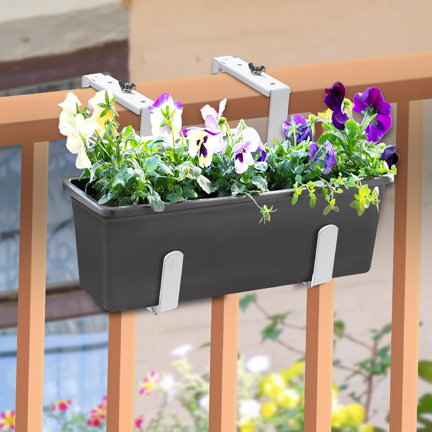 Adjustable Planter Box Bracket, Flower Box Holder Brackets for Deck Railing | White Window Box Hanging Brackets for