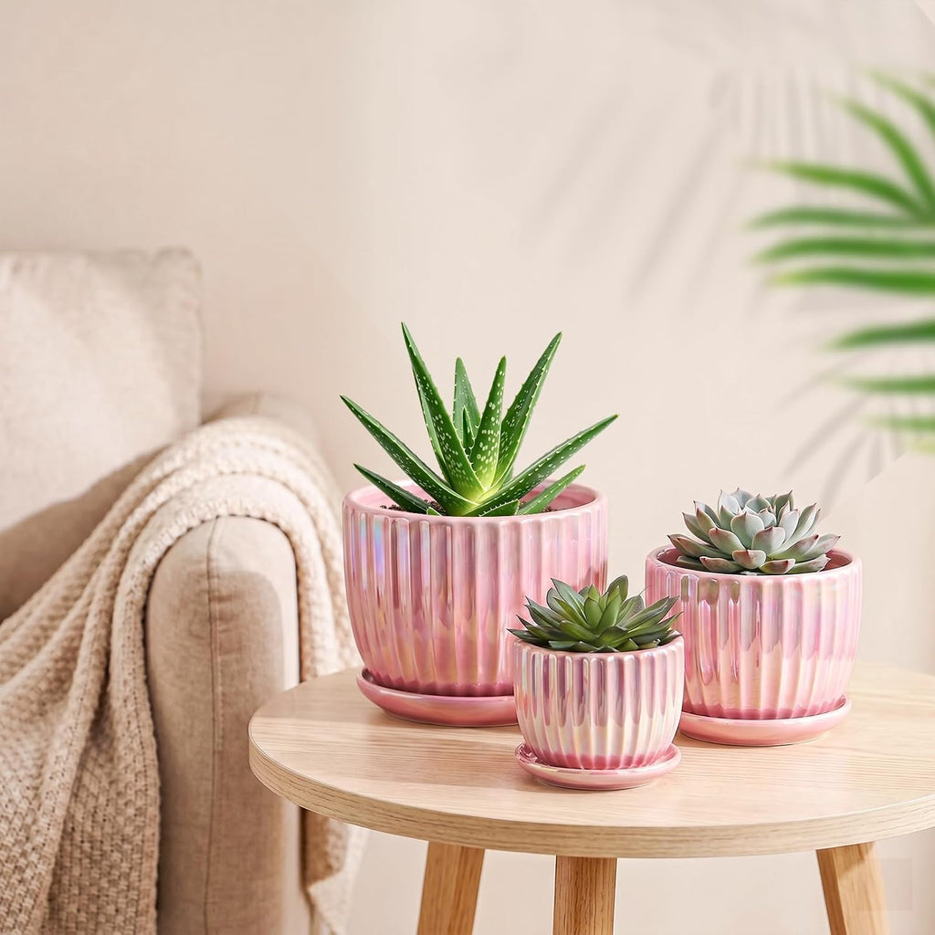 Pink Plant Pots，Ceramic Planters with Drainage Holes and Saucers Set of 3 | Ceramic Planters for Indoor Plants | Cute