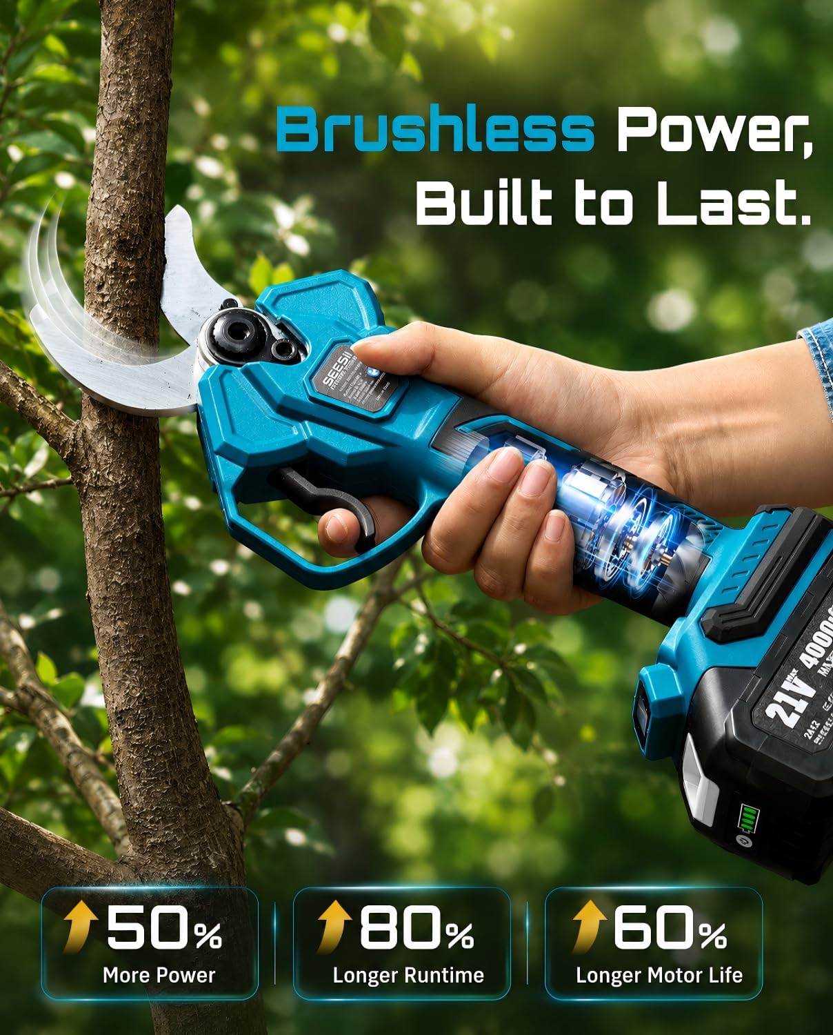 SEESII Electric Pruning Shears, 1.6" Cut Cordless Pruner, 2x4.0Ah Batteries | Brushless Motor, SK5 Blade, LCD Display