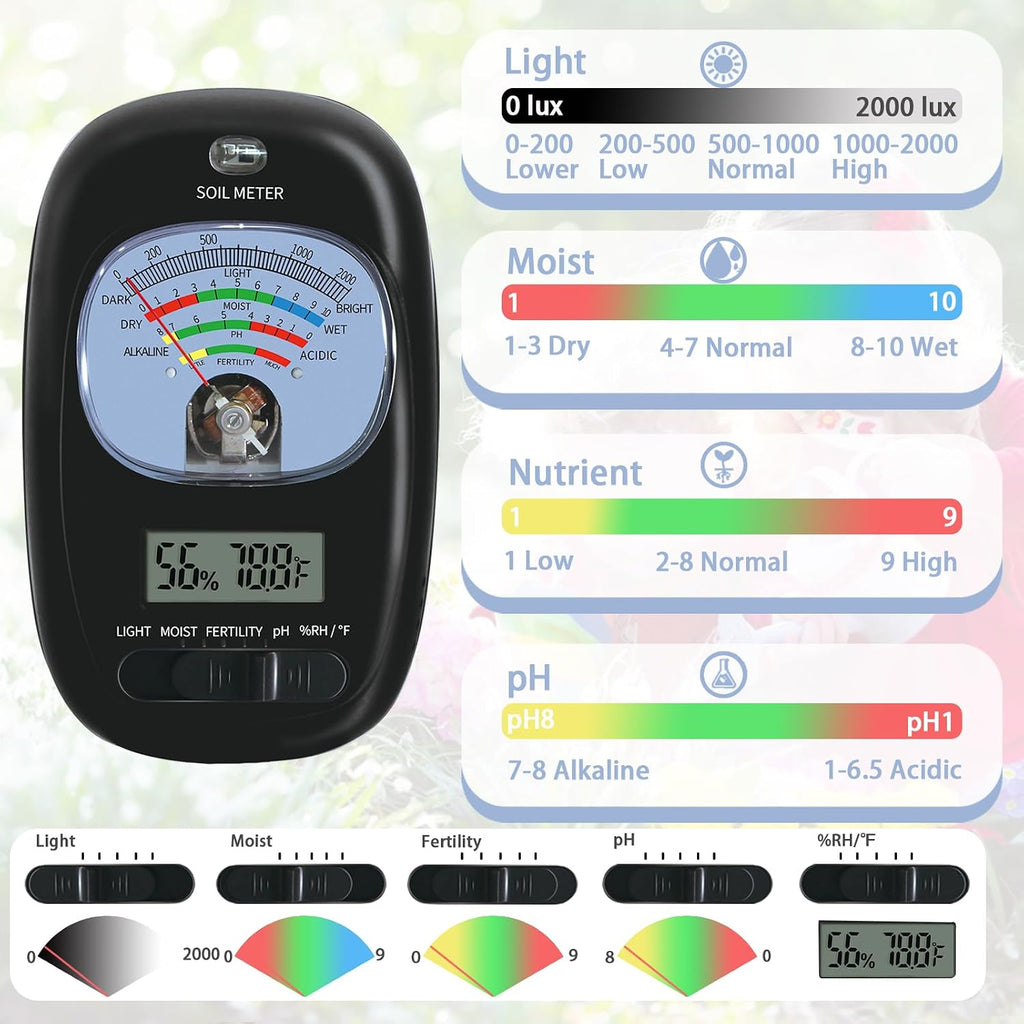 7-in-one Soil Test Kit, Soil Moisture Meter/PH Meter/Sunlight Intensity/Fertility Soil Tester, LCD Display Air & Soil