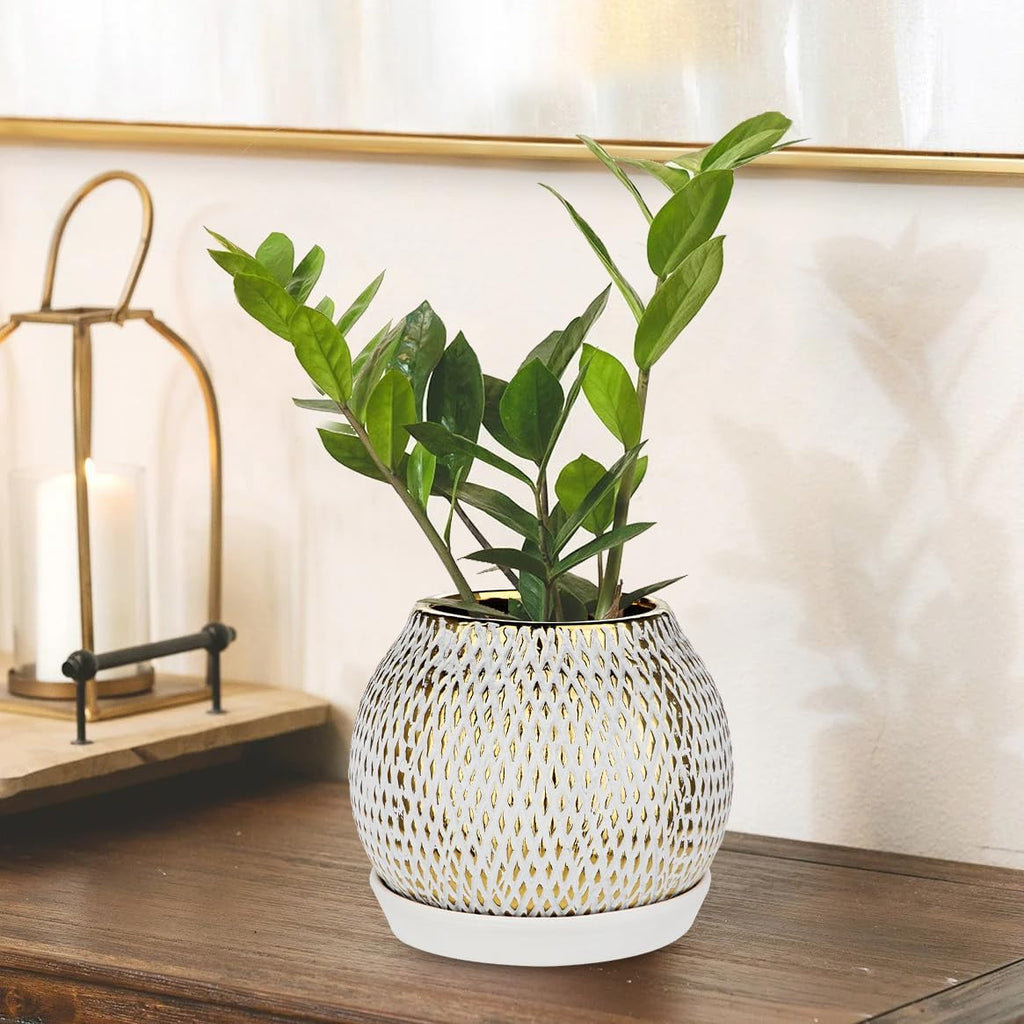 Ceramic Plant Pots for Plants Indoor 6.1 Inch Round Gold and White Flower Pot Gilded Decorative Planter with Drainage