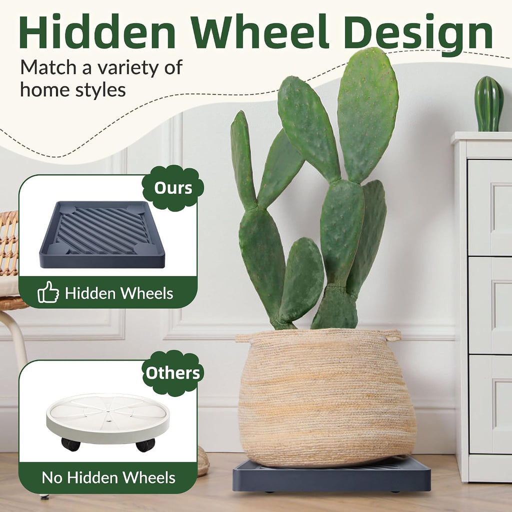 REDHUGO 2 Pcs Square Plant Caddy with Hidden Wheels, Gray, 9.96 Inch | Heavy-Duty Rolling Plant Caddy with Hidden