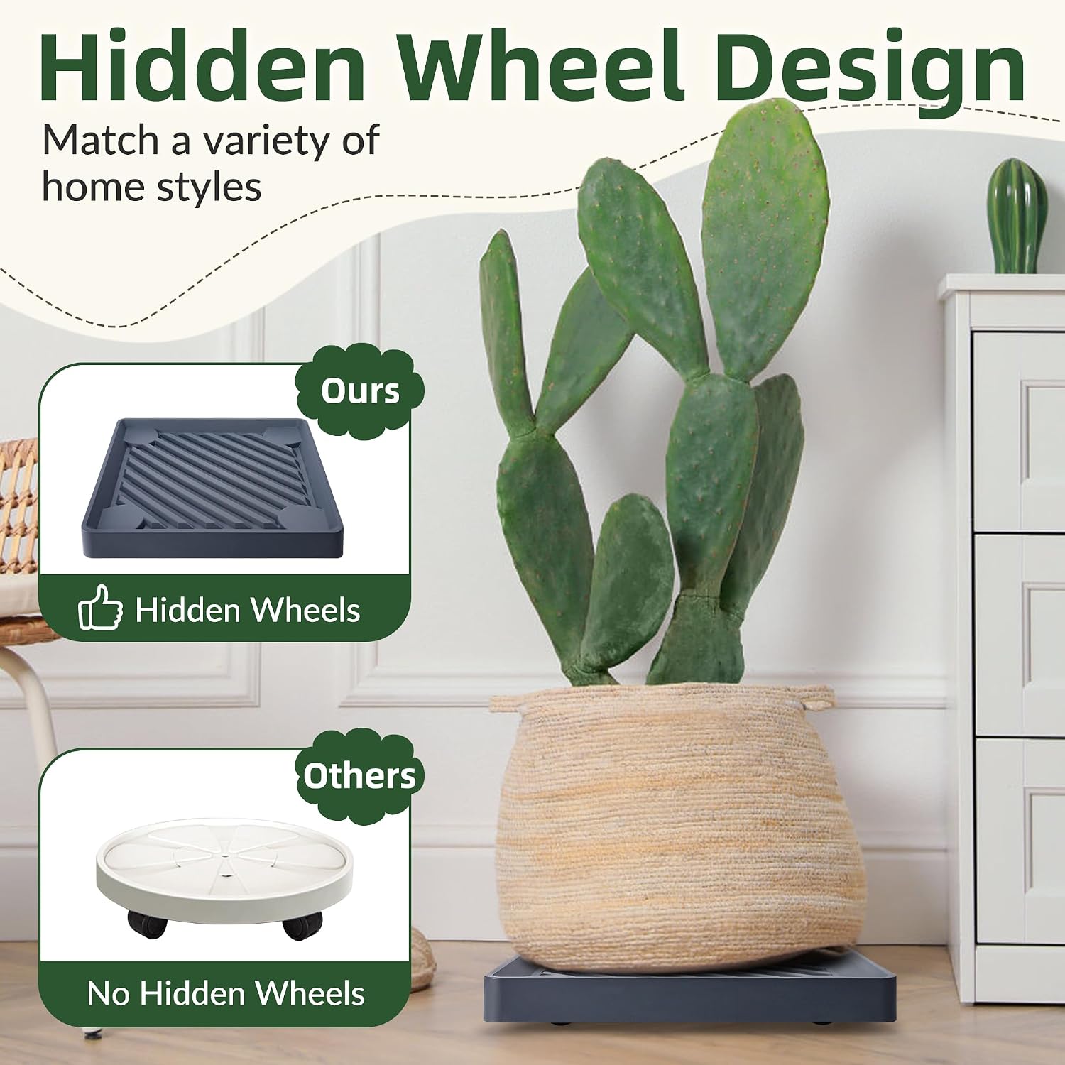 REDHUGO 2 Pcs Square Plant Caddy with Hidden Wheels, Gray, 9.96 Inch | Heavy-Duty Rolling Plant Caddy with Hidden