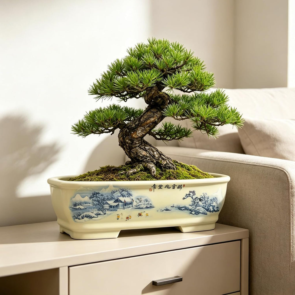 8" Bonsai Pots with Tray, Rectangular Planter in Blue & White | 8" glazed ceramic bonsai pots with tray, large shallow