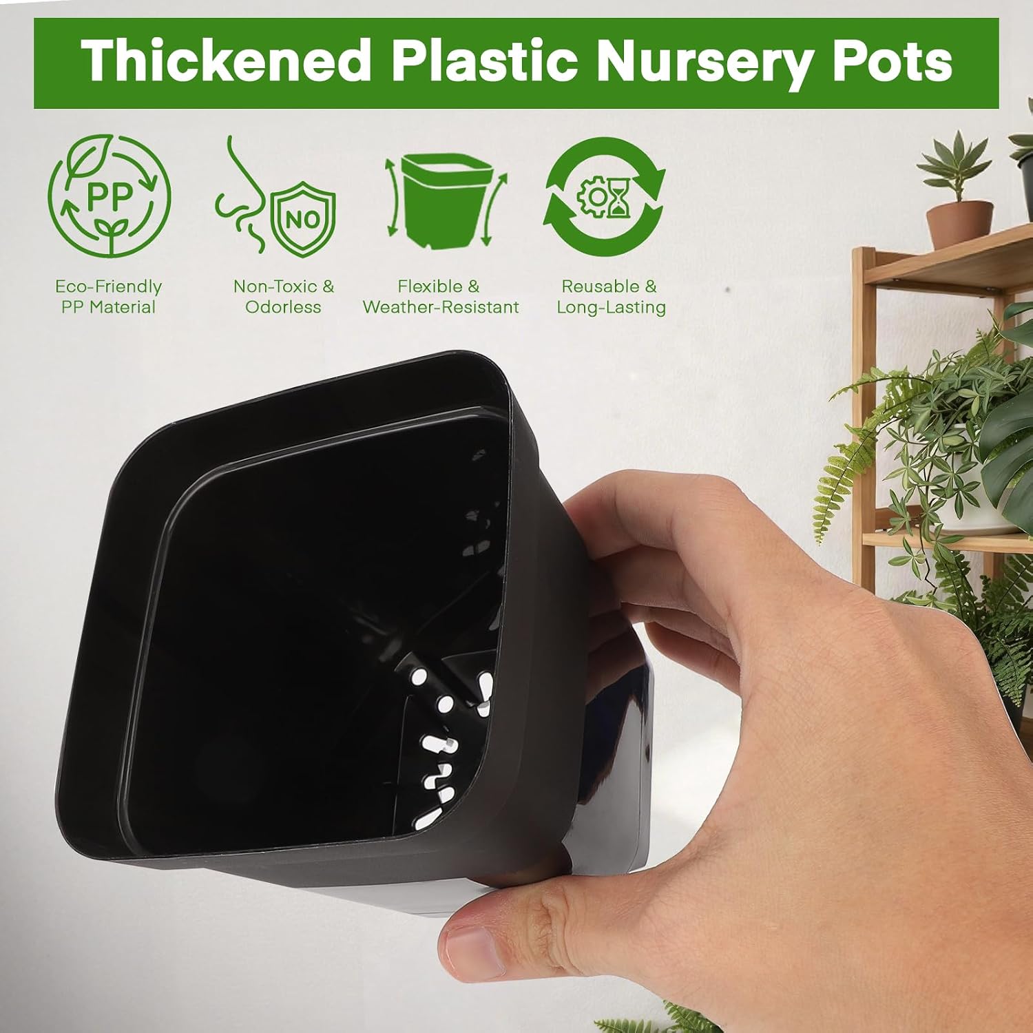 GREANER 12 Inch Sturdy Seed Tray 11PCS, 4 Inch 100PCS Flexible Square Nursery Pots with Drainage Holes, Plant