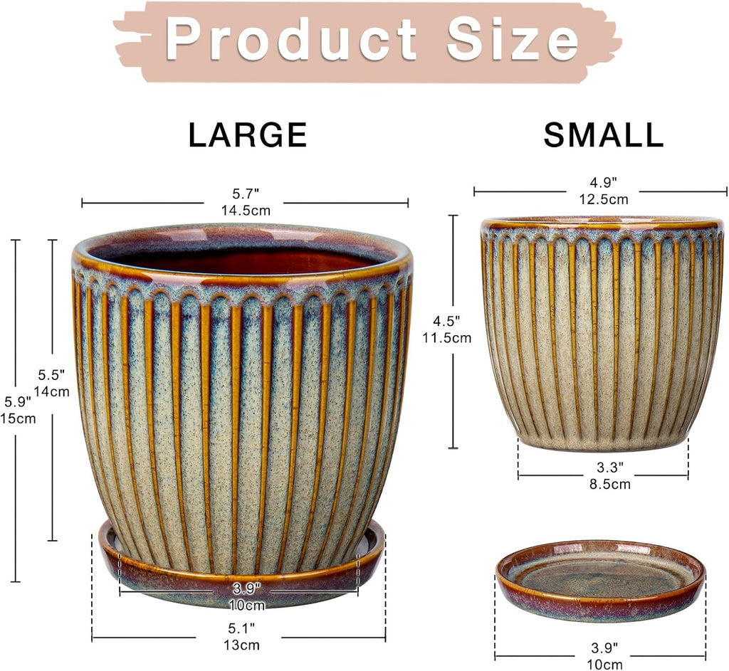 Oairse Ceramic Pots for Indoor Plants, 4.9 +5.7 inch Set of 2 Brown Plant Pots with Drainage Holes and Saucers Texture