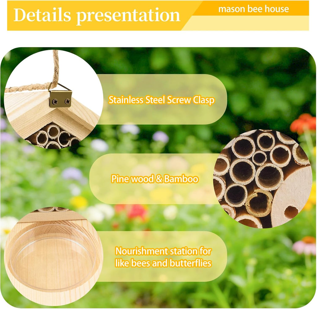 Mason Bee House with Feeding Trays, Natural Pine Wood Hanging Bee Hive | Insect Hotel for Garden Backyard, Outdoor
