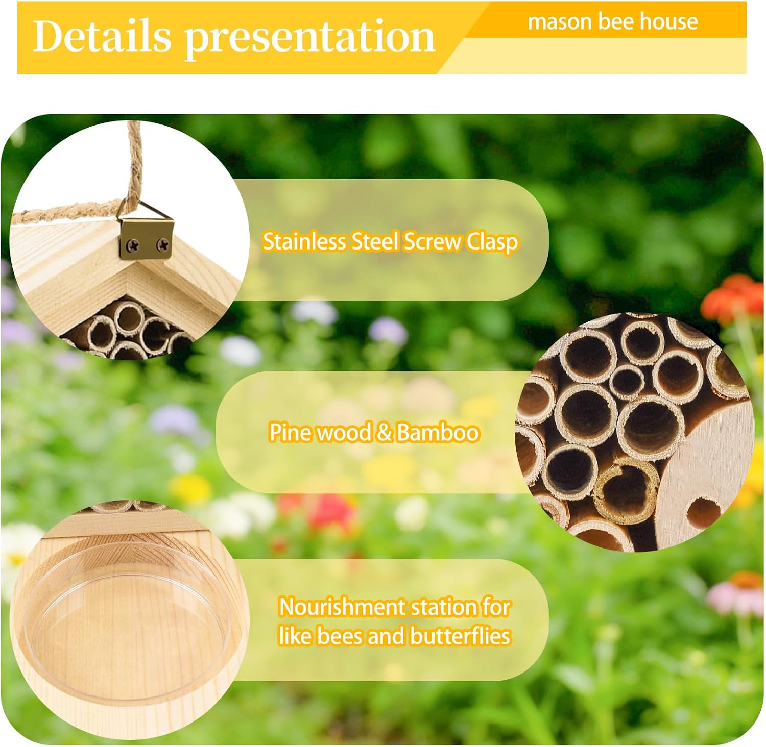 Mason Bee House with Feeding Trays, Natural Pine Wood Hanging Bee Hive | Insect Hotel for Garden Backyard, Outdoor