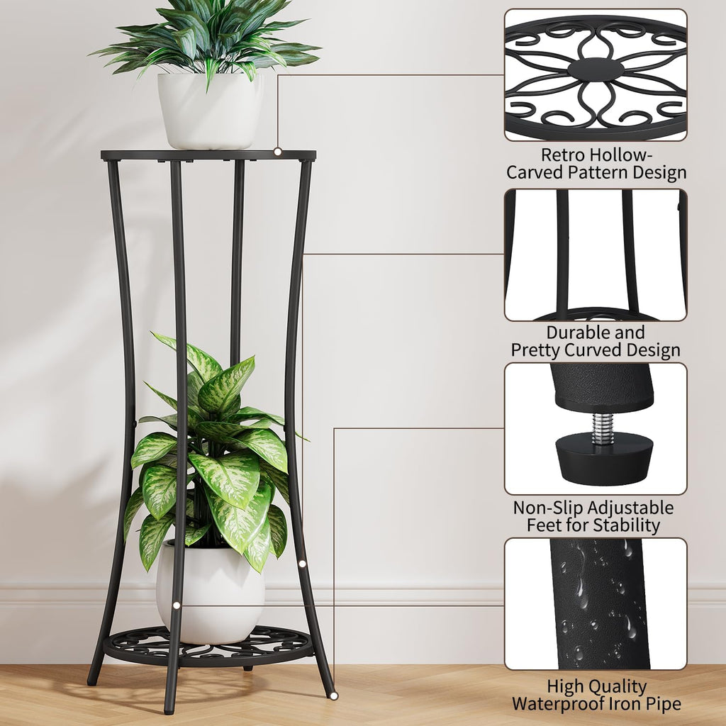 YINMIT Plant Stand Indoor Outdoor, 2 Tier Metal Potted Holder Rack, Flower Pot Stand Shelf, Heavy Duty Round Supports
