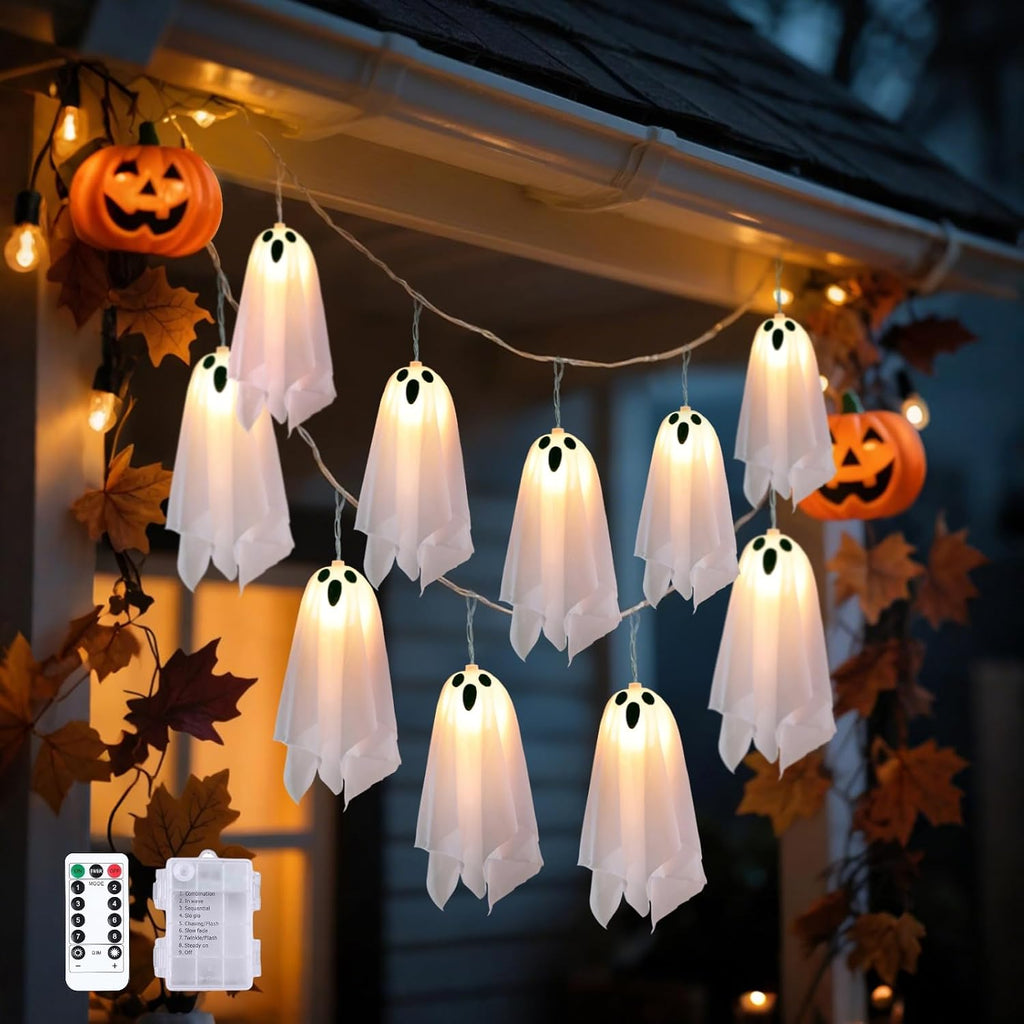 Halloween Ghost String Lights, 8.2FT 10 LED – Battery Operated with Timer, 8 Lighting Modes, Waterproof for Indoor/Outdoor, Light Up Ghost Garland, Perfect for Porch, Window, Party or Haunted House