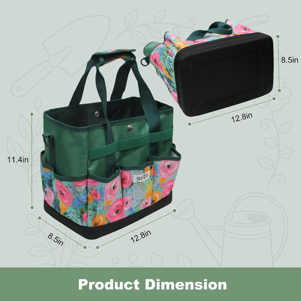 Hard Bottom Floral Garden Tool Tote Bag with Shoulder Strap | Gardening Tote Organizer with 8 pockets, Padded Handles