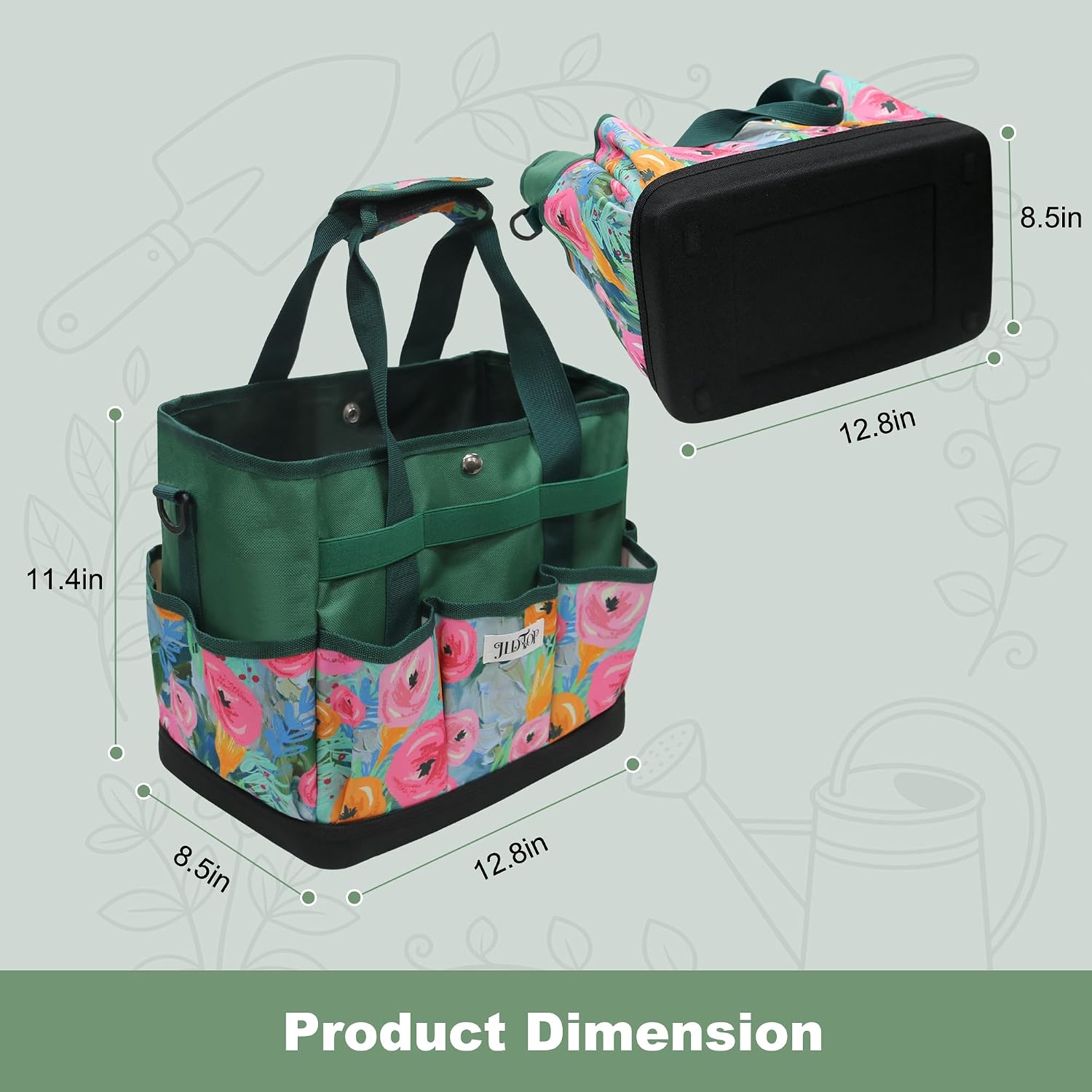 Hard Bottom Floral Garden Tool Tote Bag with Shoulder Strap | Gardening Tote Organizer with 8 pockets, Padded Handles