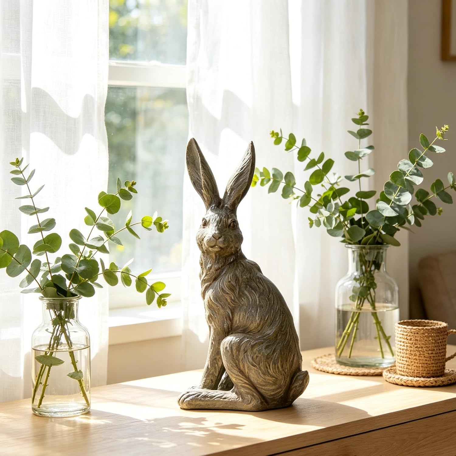 DiliComing Outdoor Rabbit Garden Statue 12 Inch Grey Bunny Yard Decor | Large Easter Bunny Decor, Resin Animal