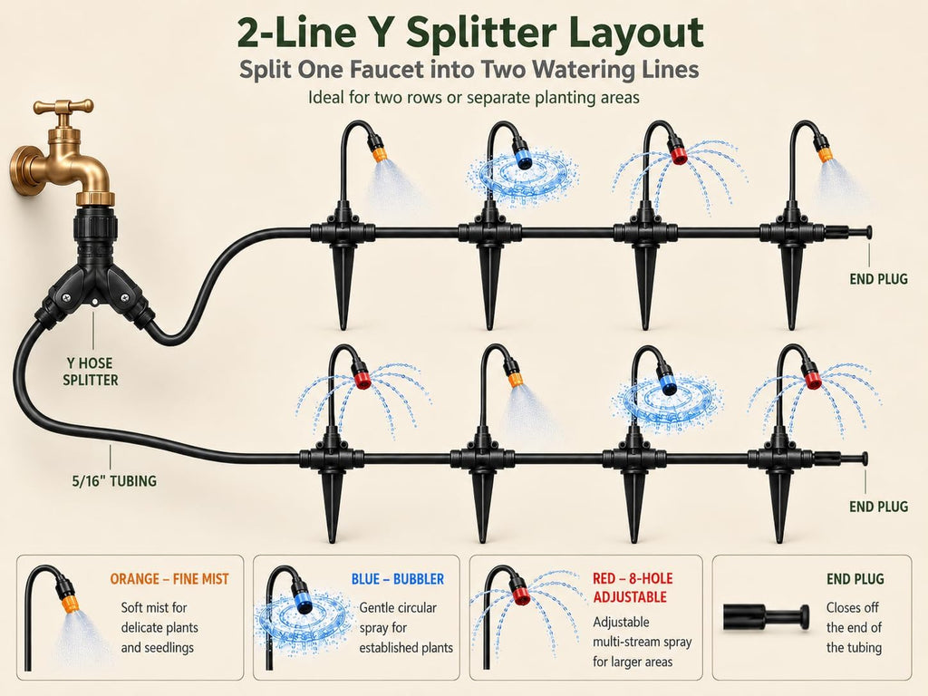 100FT 5/16" Drip Irrigation Kit, 18 Emitters for Raised Beds | 18 flexible gooseneck emitters with 3 spray modes for