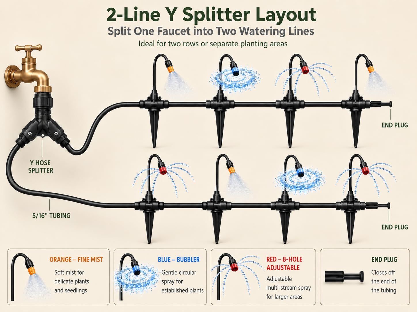 100FT 5/16" Drip Irrigation Kit, 18 Emitters for Raised Beds | 18 flexible gooseneck emitters with 3 spray modes for