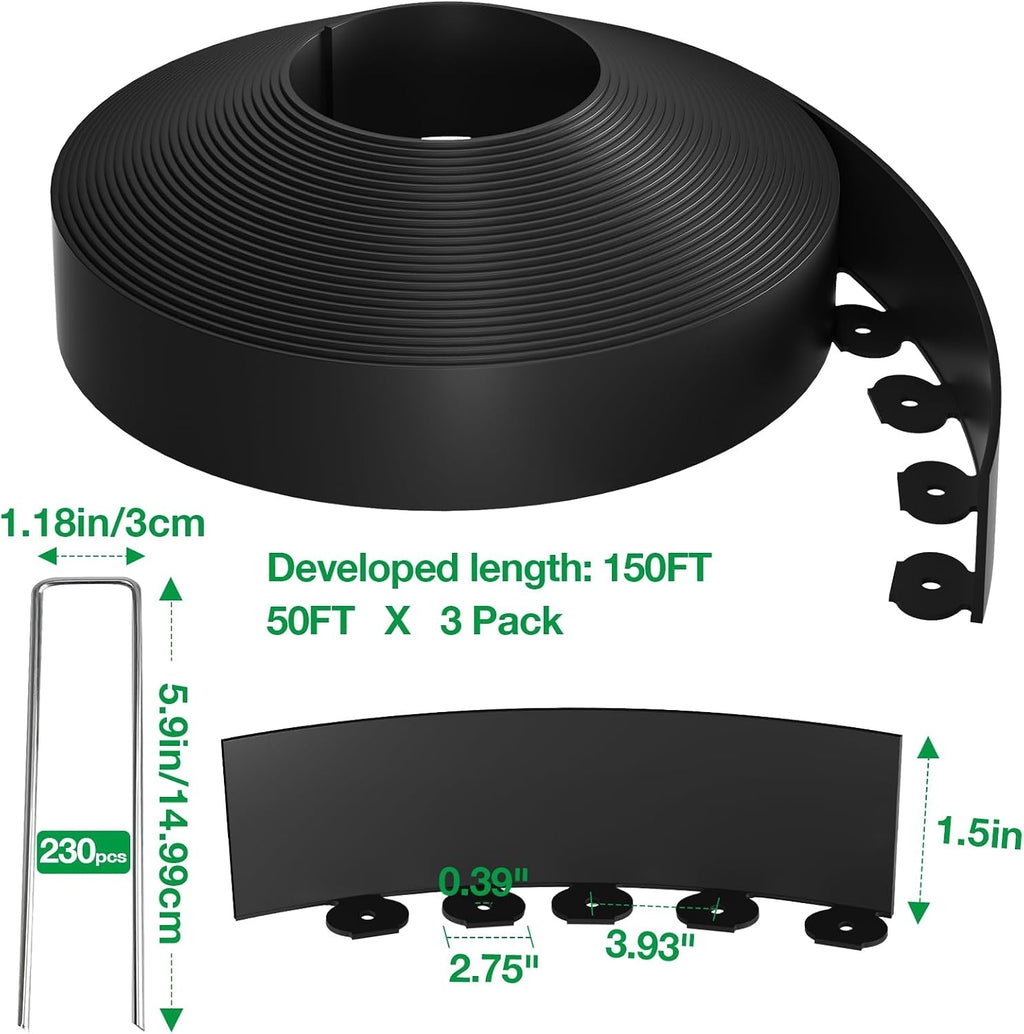 150FT Landscape Edging Kit with 230 Stainless Steel Stakes | 3 x 50FT 1.5" Flexible Rolls | Easy Install | Professional