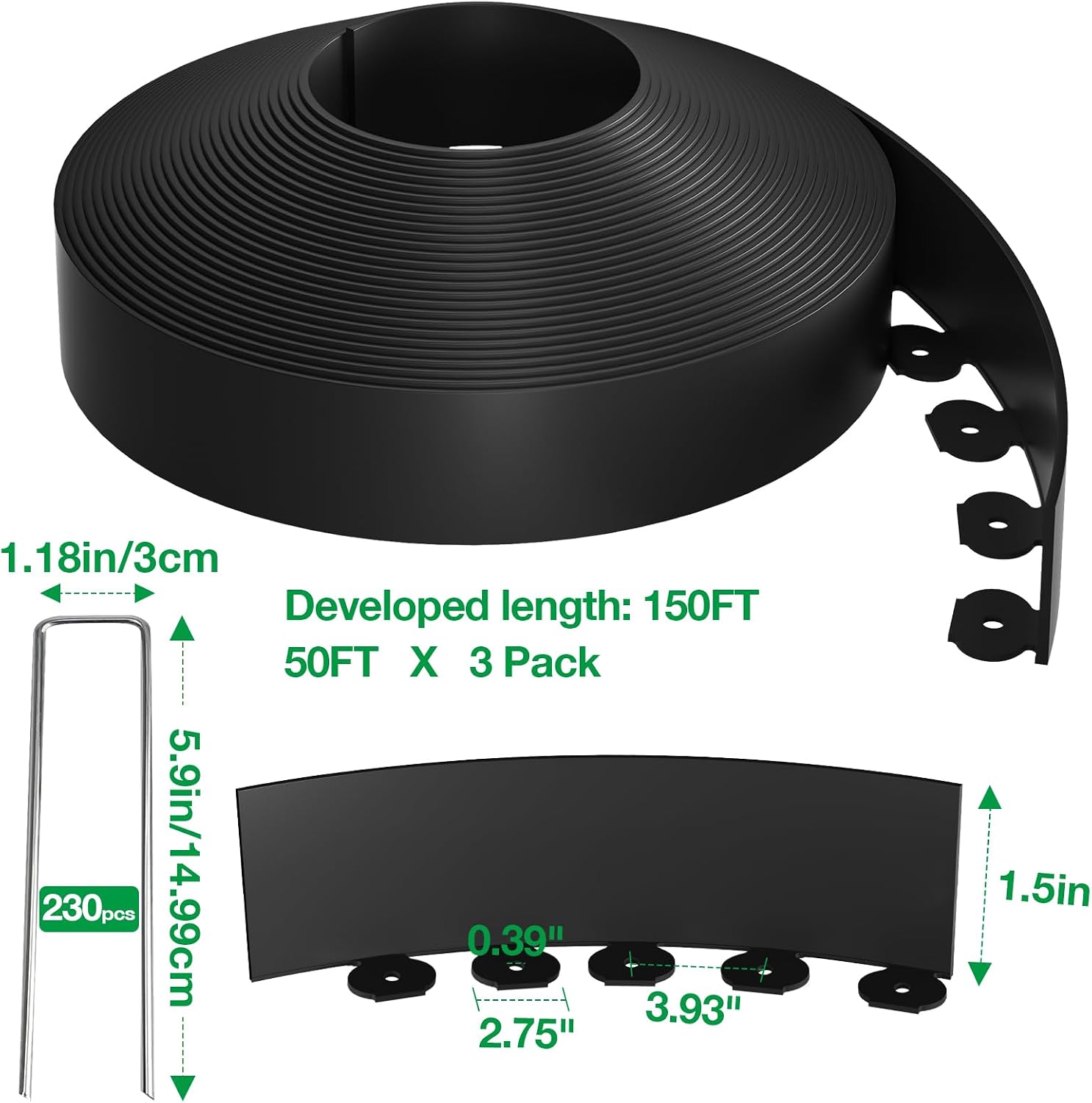 150FT Landscape Edging Kit with 230 Stainless Steel Stakes | 3 x 50FT 1.5" Flexible Rolls | Easy Install | Professional