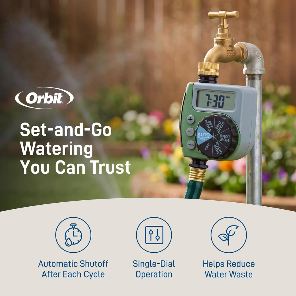 Orbit One Outlet Single-Dial Hose Faucet Timer - Easy Programmable - For Garden Watering System - LCD Hose Timer with
