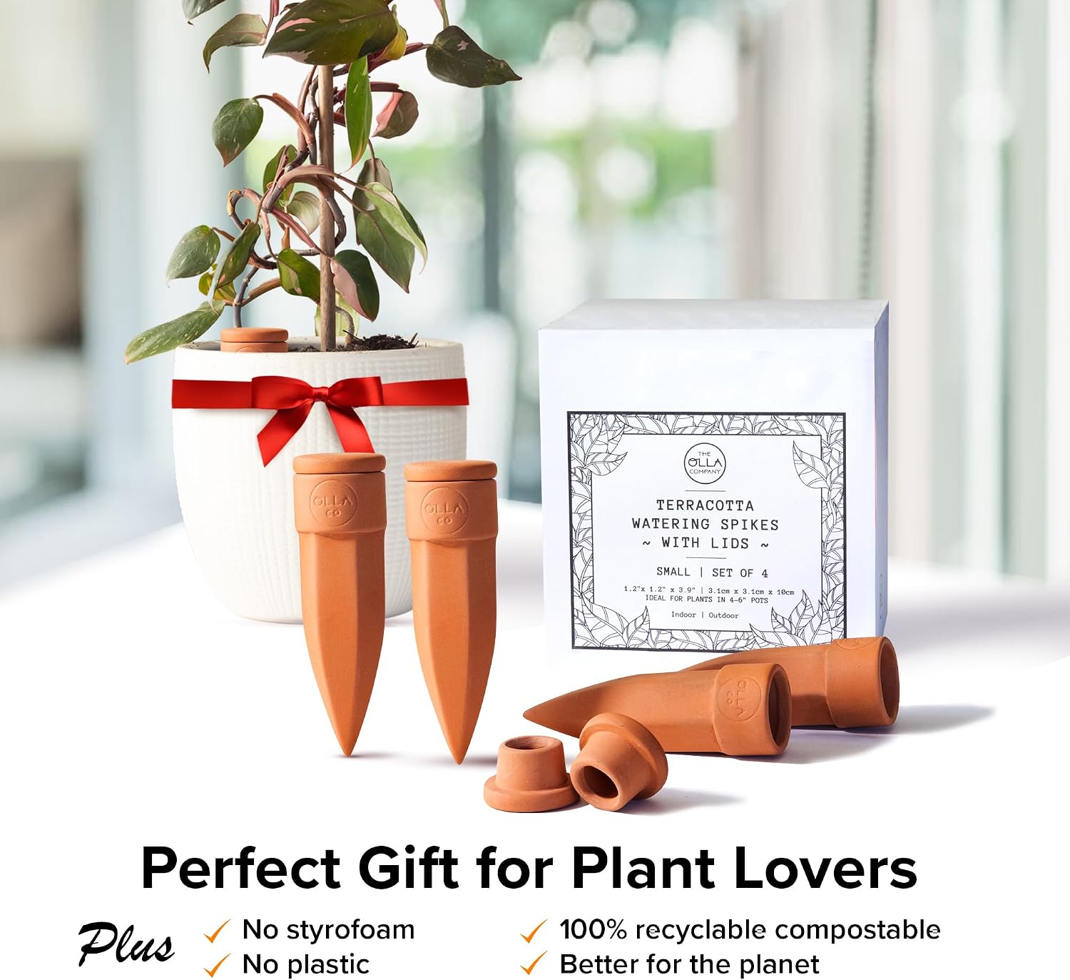 Terracotta Watering Spikes with Lids, Small 4 Pack | Self watering spikes for indoor or outdoor plants; ideal for 4"–6"