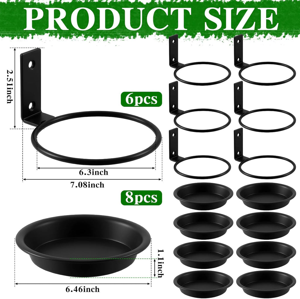 6 Pack 6'' Wall Mount Plant Holder with 8 Replaceable Trays, Heavy Duty Metal Flower Pot Holder Ring, Plant Hanger for