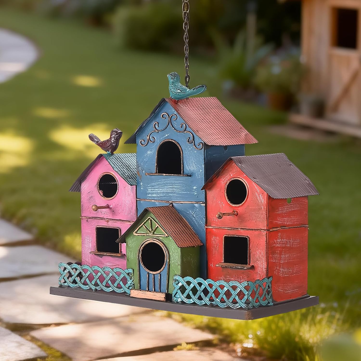 Metal Bird Houses for Outside Hanging, Large Bird Houses for Outdoors with 4 Compartments for Birds to Nest in