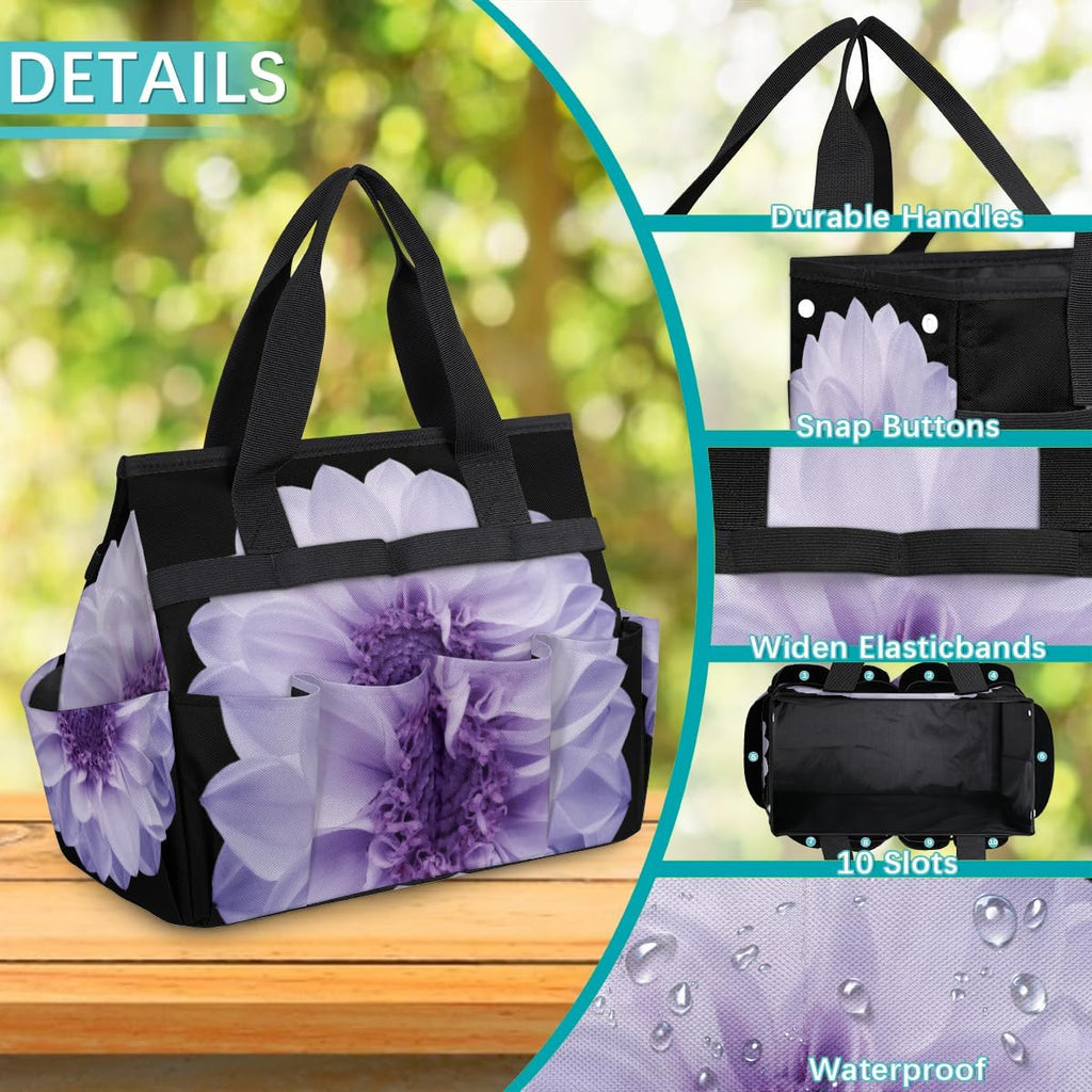 Purple Dahlia Garden Tool Bag Waterproof Gardening Tool Storage Bag with Handle & 10 Pockets Gardening Tote Bag for
