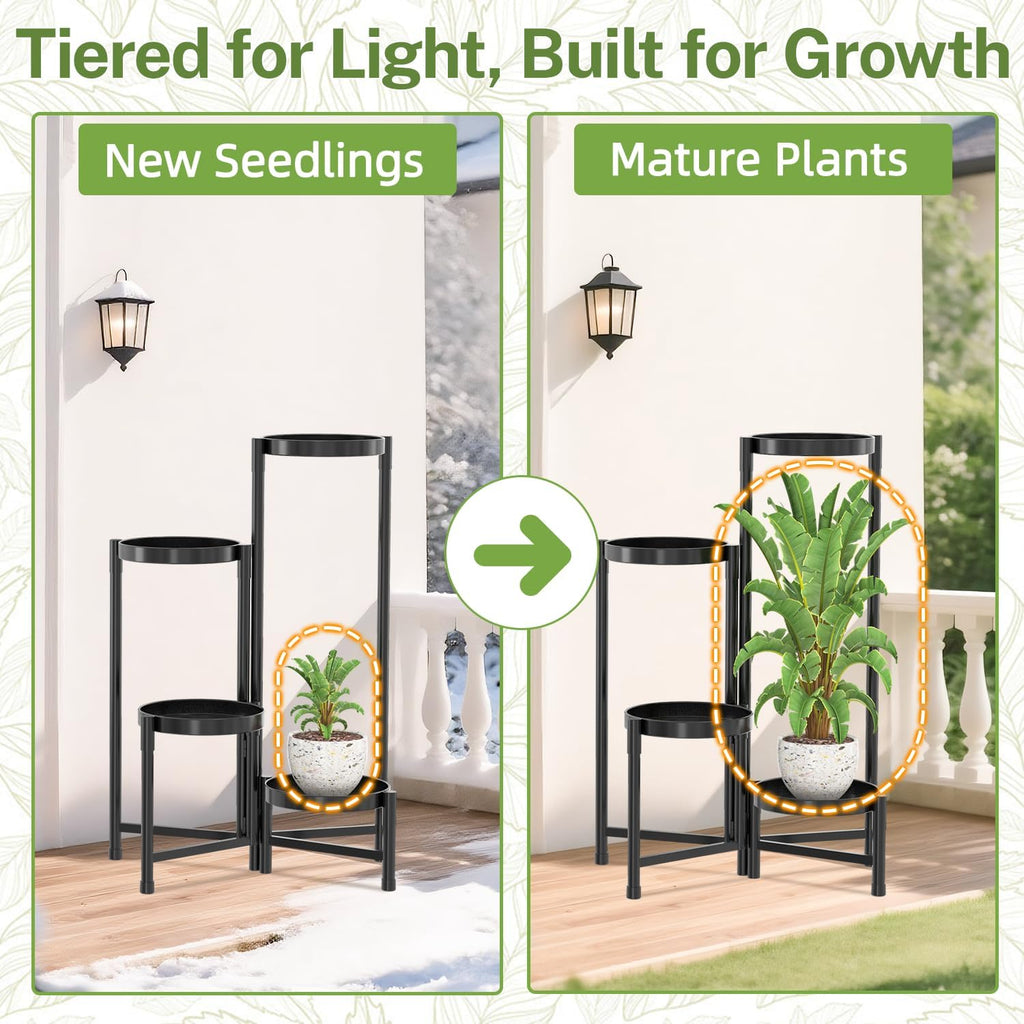 iDavosic.ly Plant Stand Indoor Outdoor, 4 Tier Metal Corner Shelf, Black | Tiered Flower Display Holder, Folding Multi