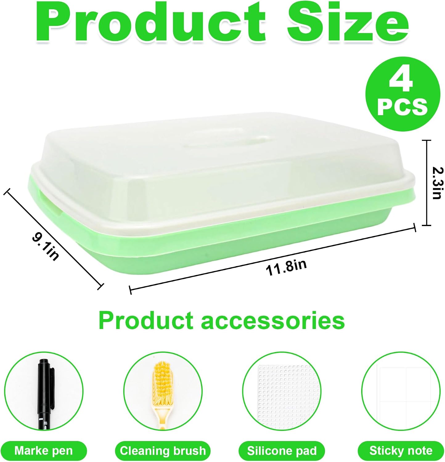 AKAZA 4 Pcs Green Seed Sprouter Trays with Lid Soil-Free Germination Trays | Nursery tray with planting paper;