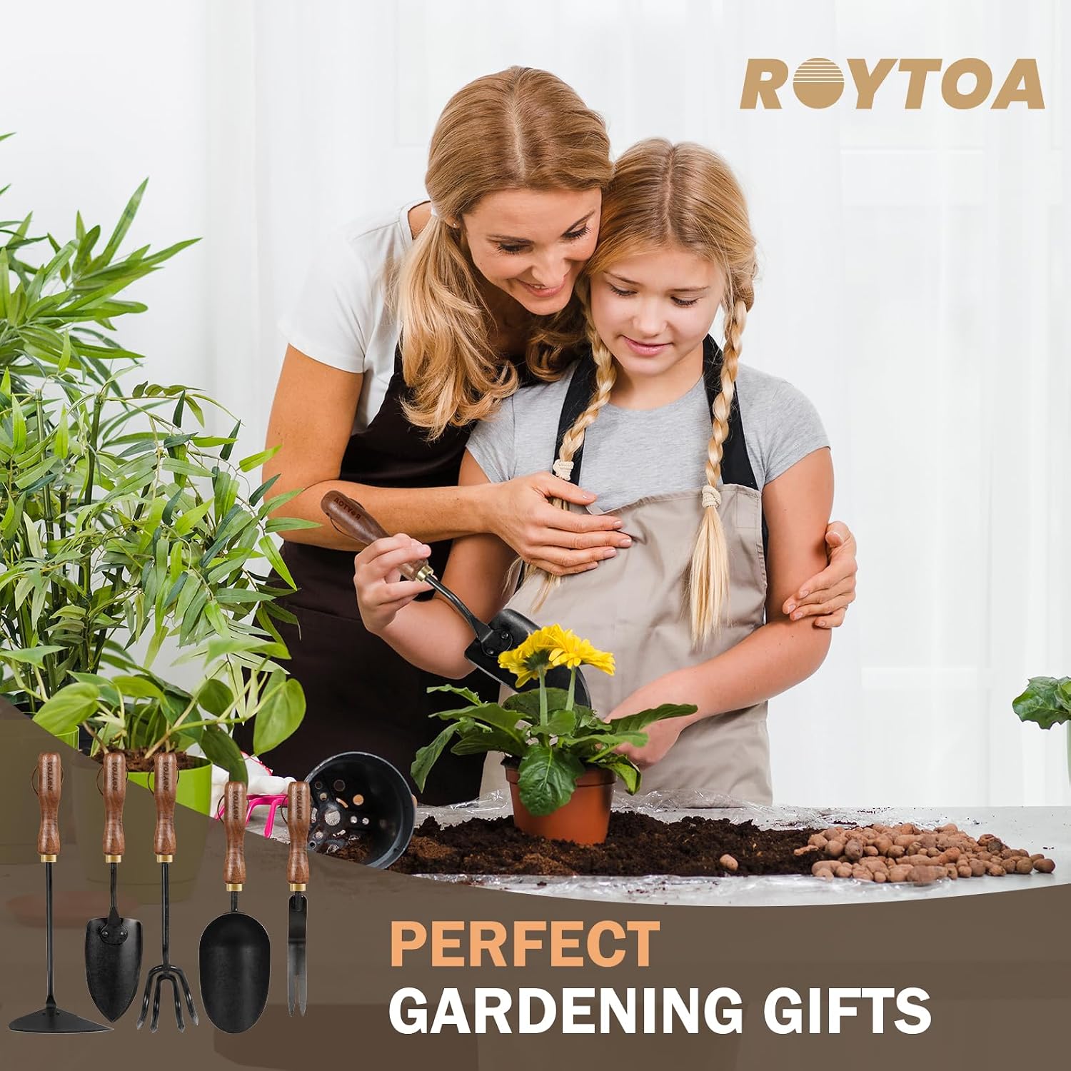 ROYTOA Garden Tool Set, 5PCS Gardening Tools, Stainless Steel Heavy Duty Hand Cultivator, Hoes, Shovel, Trowel and