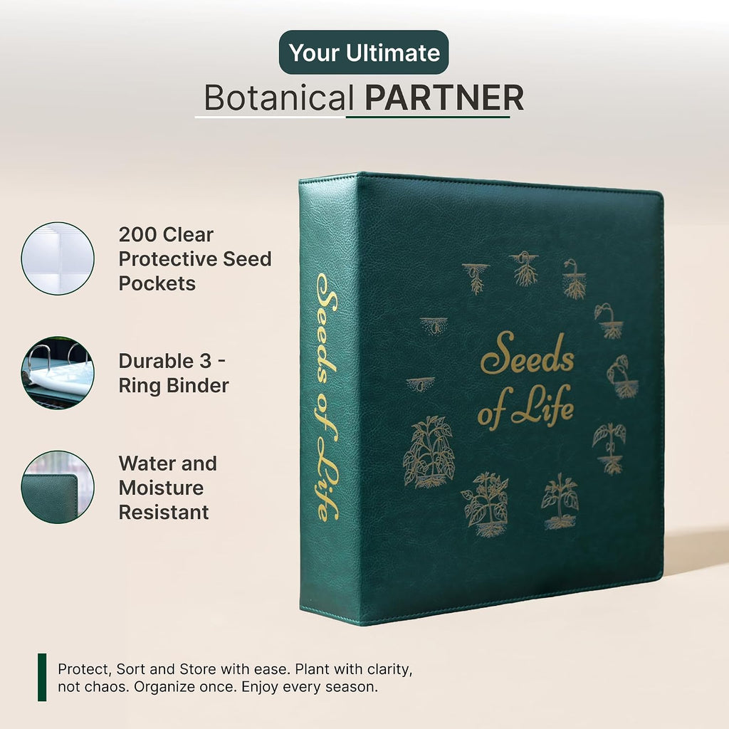 Seeds of Life - Seed Storage Organizer Binder – Compact Seed Packet Organizer with 50 Sheets Holding 200 Seed