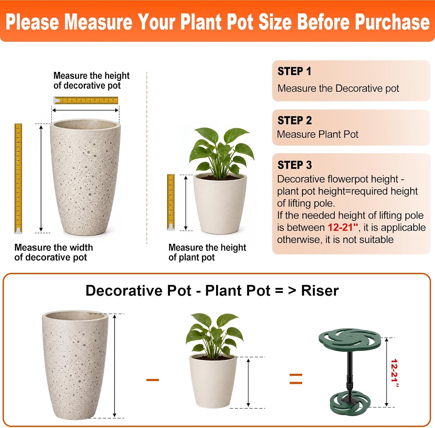 2 Pack Plant Risers for Inside Pots, 12-21" Rise Plastic Planter Inserts | Adjustable Height Planter Inserts for Large