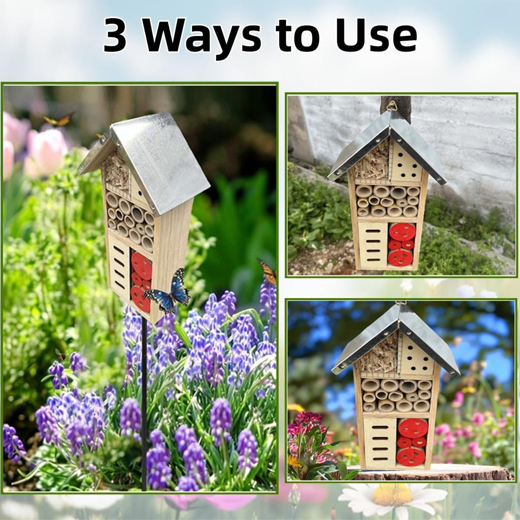 Natural Wooden Insect Hotel, Bee House with Metal Stake for Garden | Bee House, For Ladybugs, For Lacewings, For