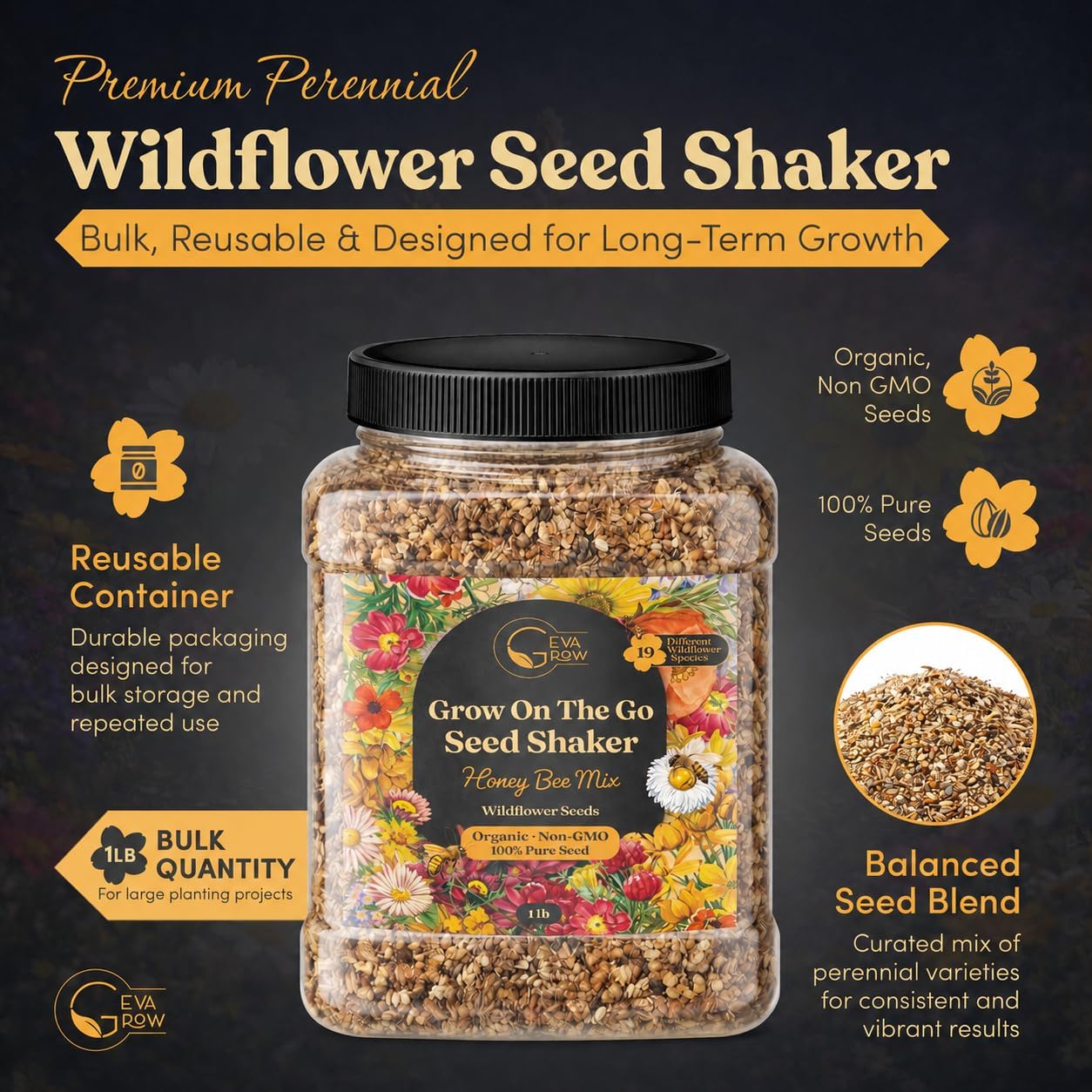 Bulk Wildflower Seed Mix – Honey Bee Wildflower Seed Mix 1 Pound Tub by GevaGrow | Bulk 300,000+ Seed Tub | 19 Variety