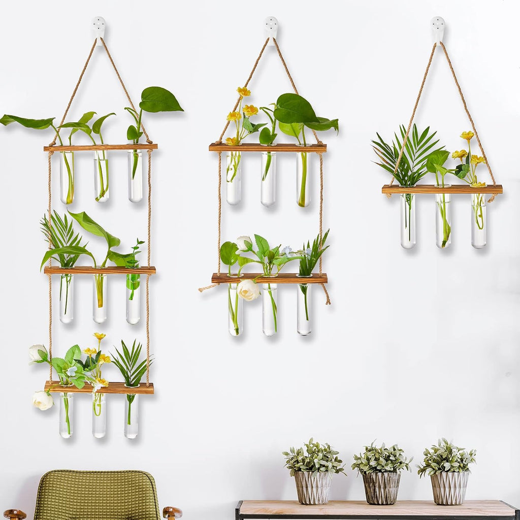 Leumoi 3pcs Hanging Propagation Station, Vertical 18 Glass Test Tubes | 3 Tiered Wooden Racks, Wall Propagation