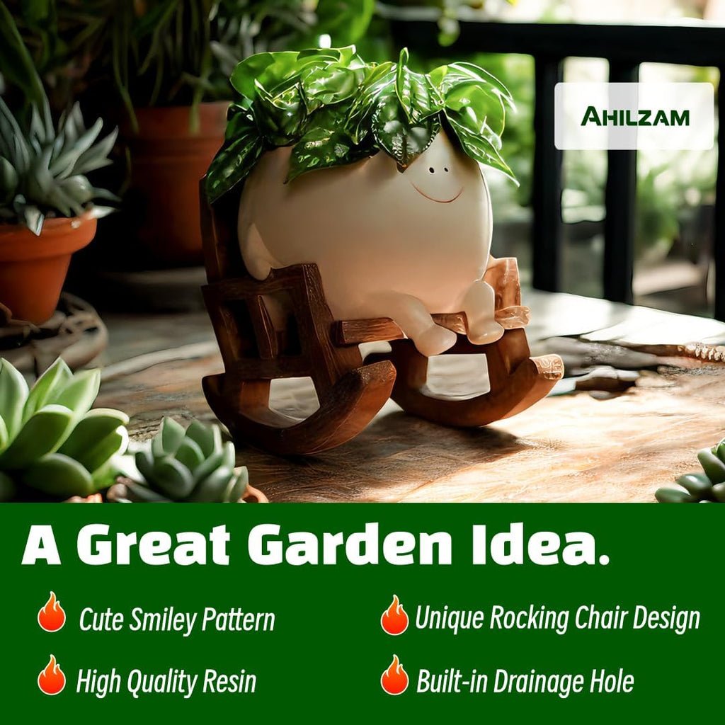 Large Smily Face Planter Pot Cute Smile Flower Planter for Indoor Outdoor, Resin Rocking Chair with Drainage Hole