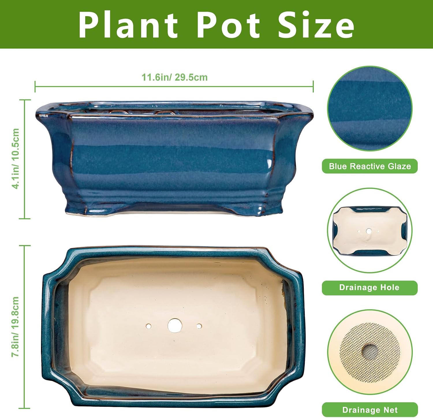 Bonsai Pots 11.6 Inch - Ceramic Succulent Pots with Drainage Hole, Rectangular Planter for Indoor Outdoor, Decorative