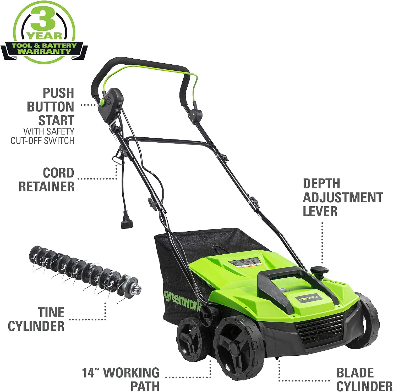 Greenworks 13 Amp 14-Inch Corded Dethatcher / Scarifier, 2-in-1 Electric Lawn Rake with 3-Position Depth Adjustment &