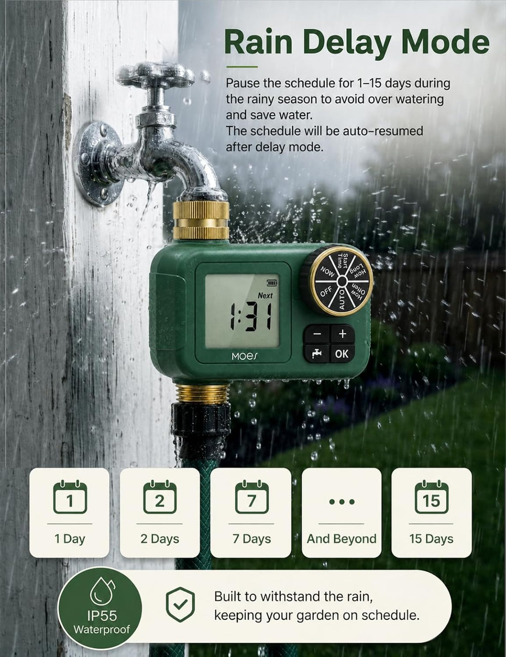 MOES 1-Zone Water Timer for Garden Lawn Hose, Brass 3/4 Inlet & Outlets | Independent Single-Outlet Sprinkler Timer