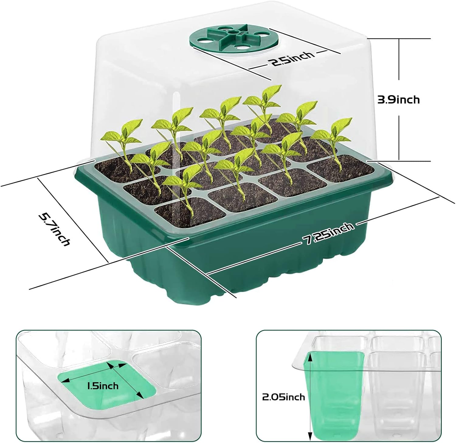 Seed Starter Tray Kit with Grow Light, 5 Pack Plant Seed Tray Kit with Humidity Domes and 3.9" Height Covers, Indoor