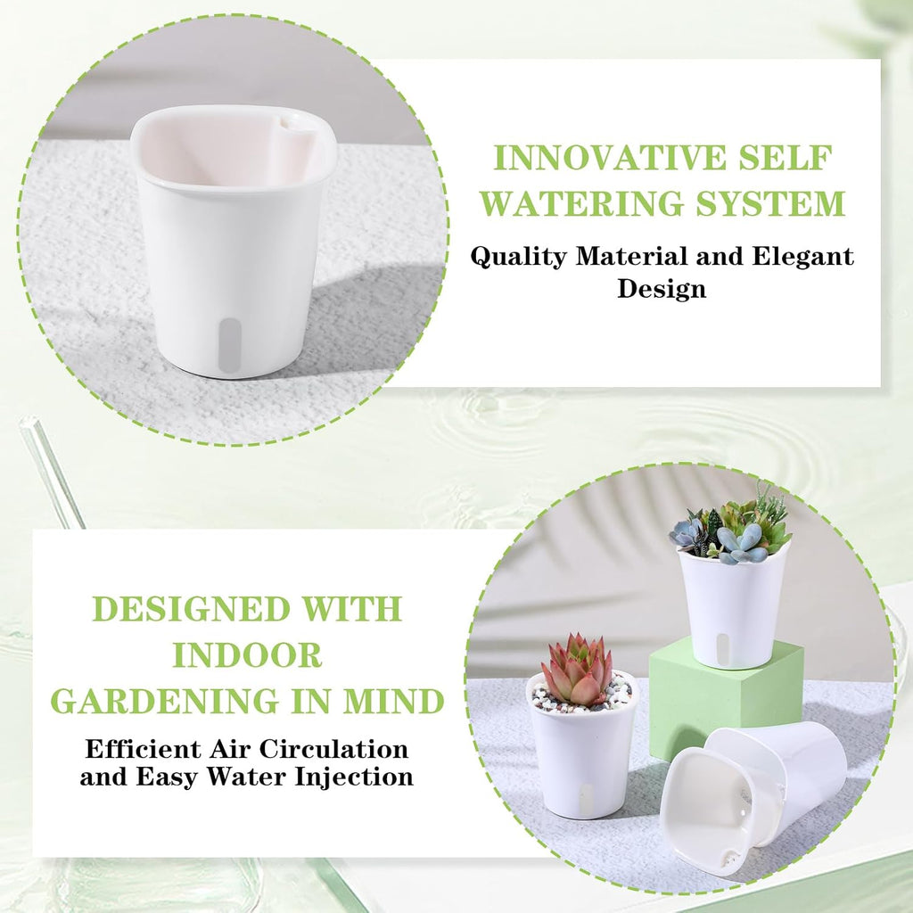24 Pcs Self Watering Pots for Indoor Plants, 3 Inch White Plastic Self Watering Planters with Water Level Indicator