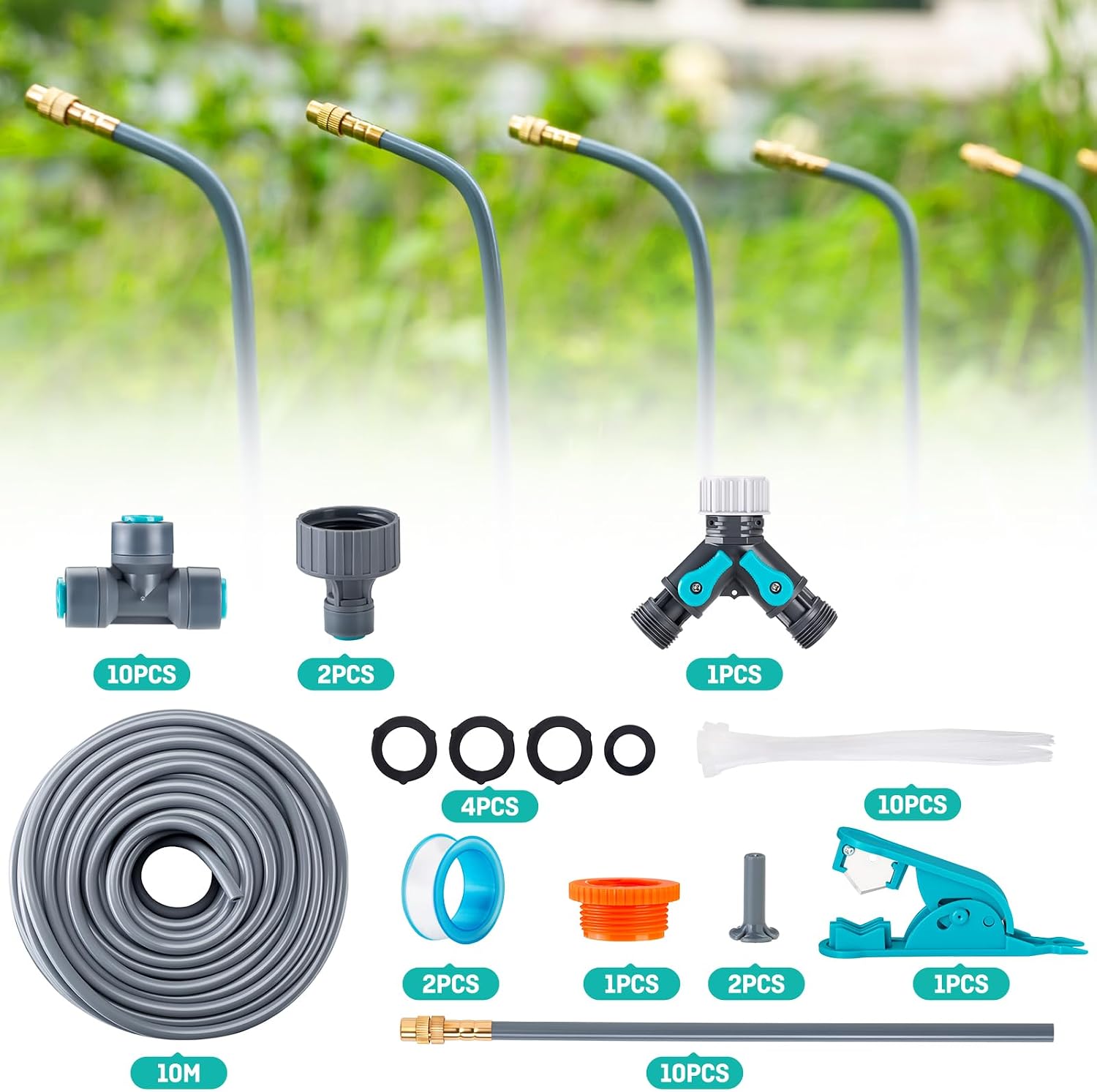 32FT Drip Irrigation System 1/4", 360° Adjustable Misting Kit for Outdoor | 10 Adjustable Copper Nozzles
