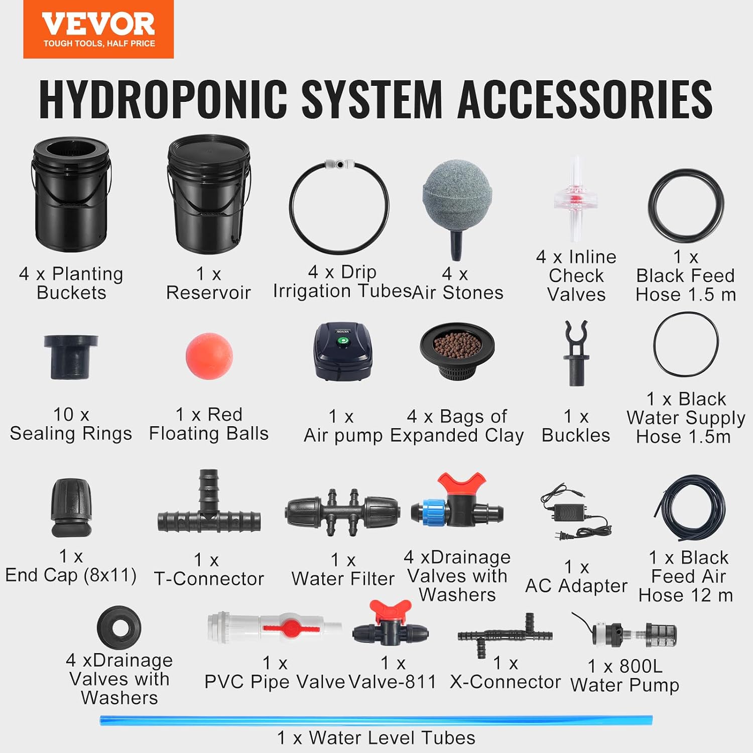 VEVOR RDWC Hydroponics Grow System, Hydroponic Growing Kit with Top Drip, Recirculating Deep Water Culture 4 Buckles