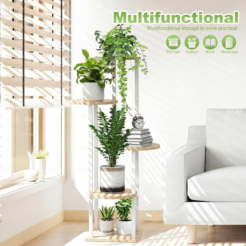 5 Tier Wood Tall Plant Stand Metal Rack Indoor, Multiple Flower Pot Holder Shelves Corner Rack, Round Planter Shelf
