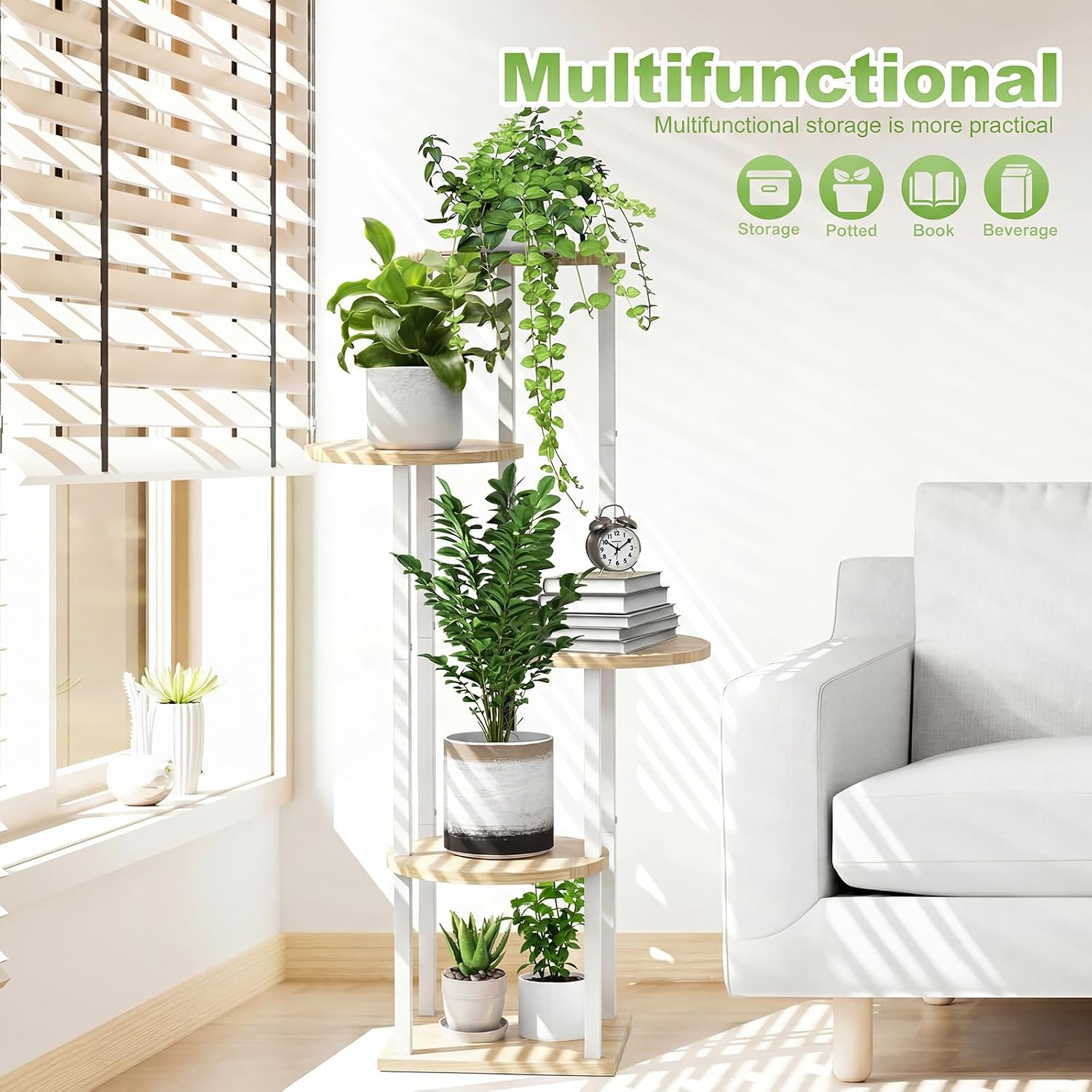 5 Tier Wood Tall Plant Stand Metal Rack Indoor, Multiple Flower Pot Holder Shelves Corner Rack, Round Planter Shelf