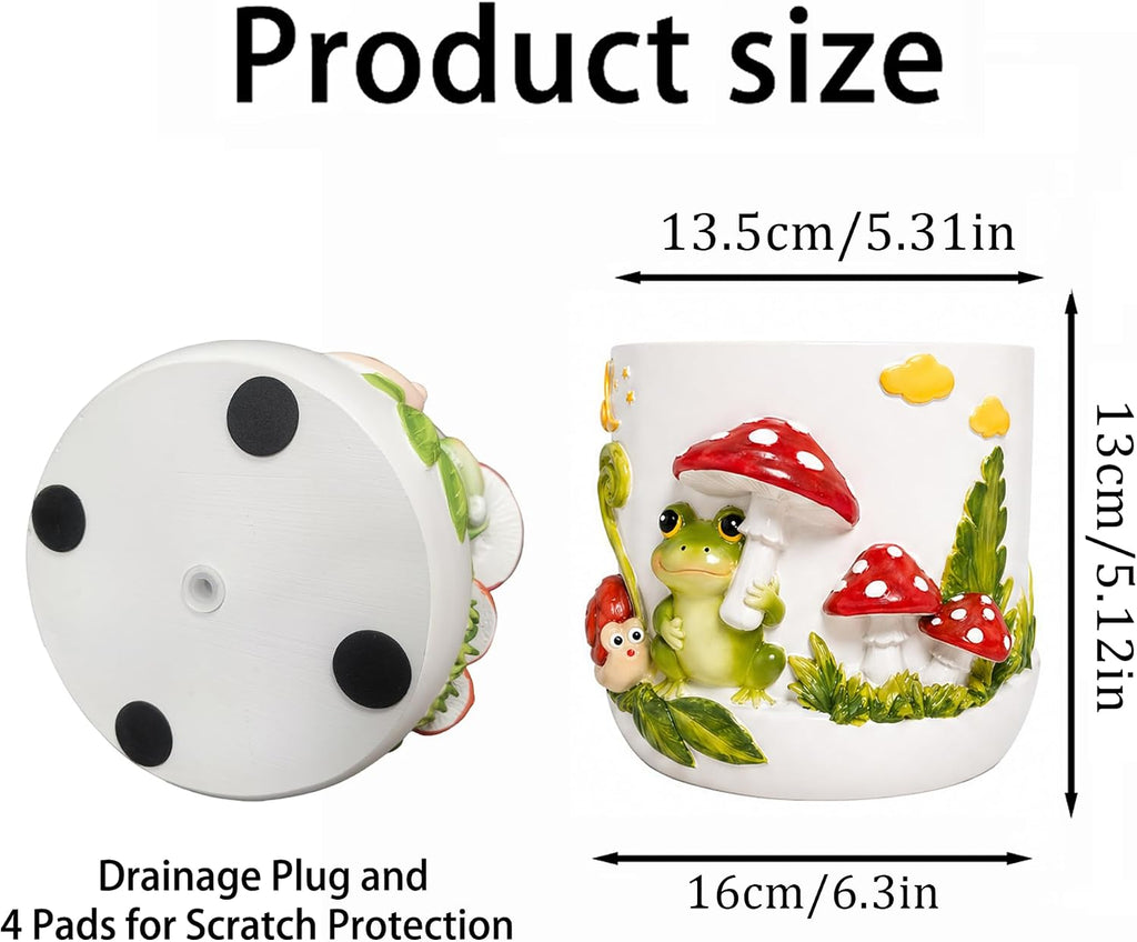 Frog Mushroom Planter Pot with Drainage, Frog Flower Vase, Mushrooms Decor Plant Pot for Garden, Entryway, Living Room