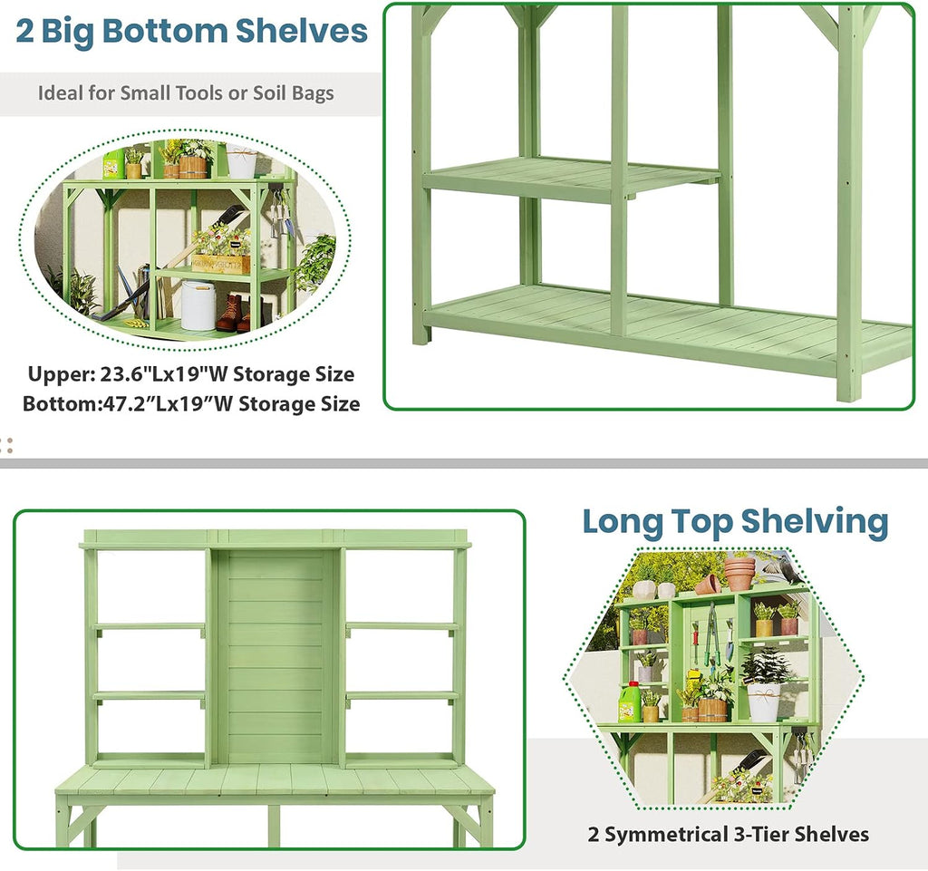 Outdoor Garden Potting Bench Table with 6-Tier Storage Shelves and Side Hook, 64.6" Large Wooden Patio Work Station