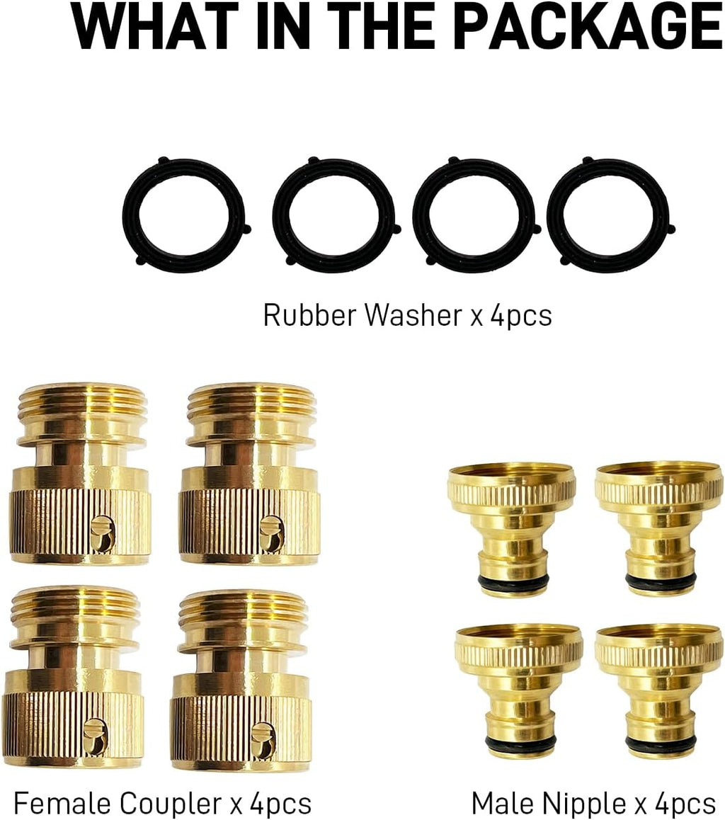 Garden Hose Quick Connect Fittings, 4 Pack Brass 3/4" GHT Water Hose Easy Connect and Disconnect Kit