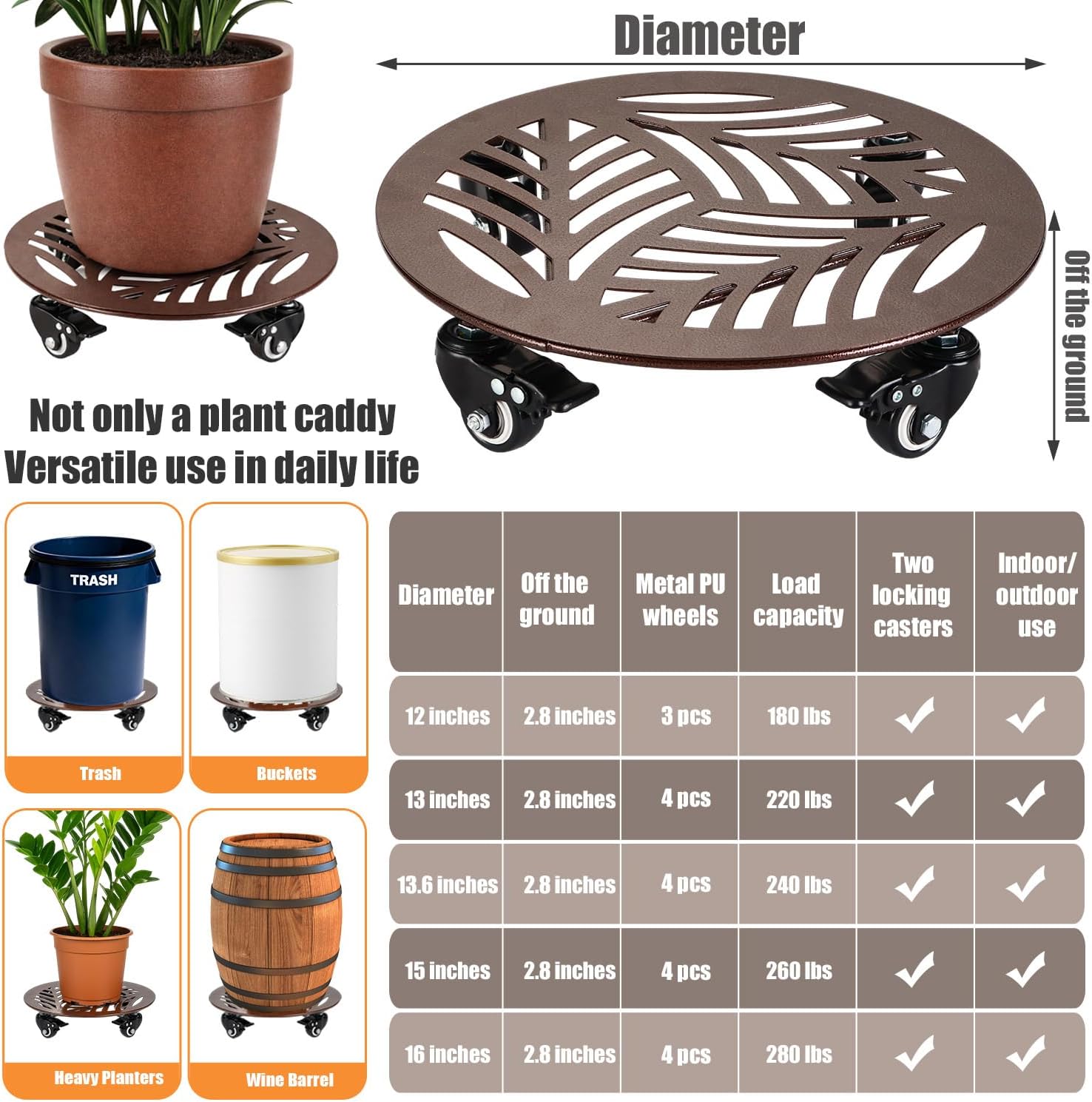 1-Pack Large Metal Plant Caddy with Wheels 16 Inches Heavy-duty Rolling Plant Stands with Casters Wheeled Flower Pot