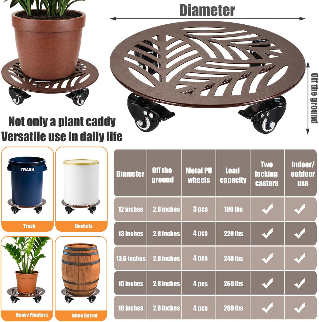 2-Pack Large Metal Plant Caddy with Wheels 13 Inches Heavy-duty Rolling Plant Stands with Casters Wheeled Flower Pot